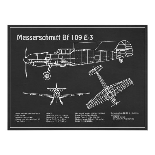Messerschmitt Bf 109 - Flugzeug-Blueprint PD Fotodruck (Vorne)