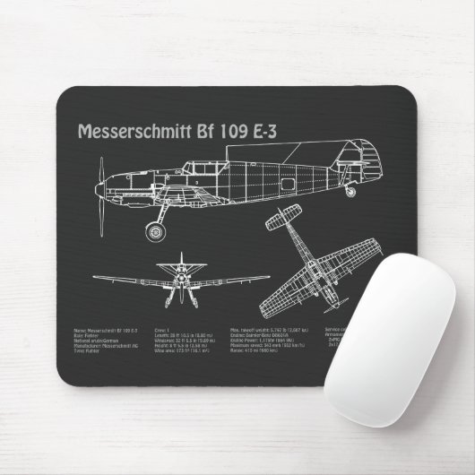 Messerschmitt Bf 109 - Flugzeug-Blueprint PD Mousepad (Mit Mouse)