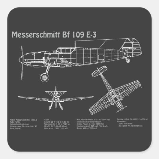 Messerschmitt Bf 109 - Flugzeug-Blueprint PD Quadratischer Aufkleber (Vorderseite)