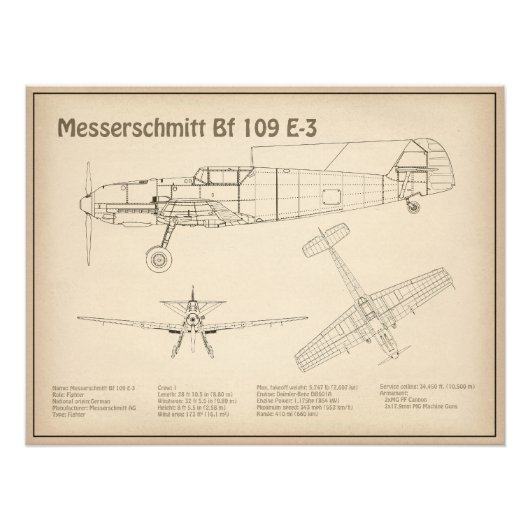 Messerschmitt Bf 109 - Flugzeug Blueprint SD Fotodruck (Vorne)