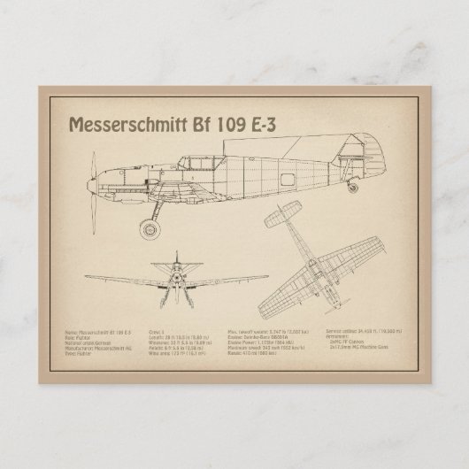 Messerschmitt Bf 109 - Flugzeug Blueprint SD Postkarte (Vorderseite)
