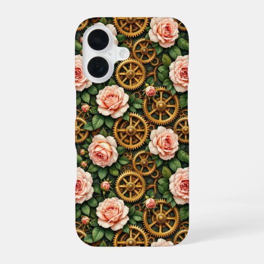 Messingzahnräder und Rosen iPhone 16 Hülle (Rückseite)