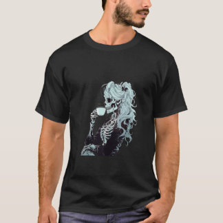 Messy Bun Coffee Drinking Skeleton DIY Halloween C T-Shirt