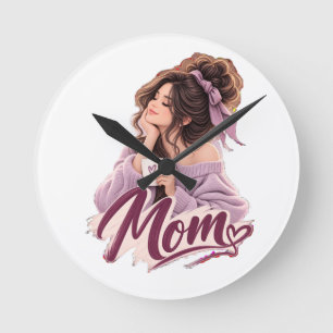 Messy Bun Coffee Mom — Cozy Mom Life Ästhetik Runde Wanduhr