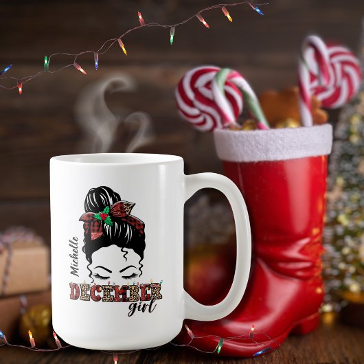 Messy Bun December Girl Leopard Kariert Typografie Kaffeetasse