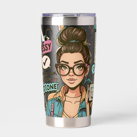 Messy Bun, Getting Stuff Done - Boss Babe Cartoon Thermobecher (Vorderseite)