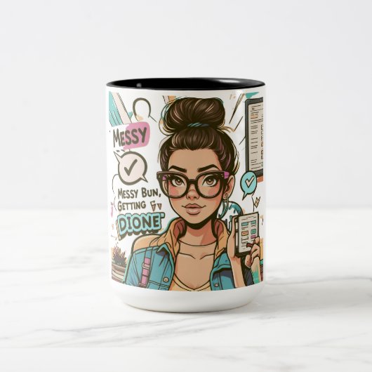 Messy Bun, Getting Stuff Done - Boss Babe Cartoon Zweifarbige Tasse (Mittel)