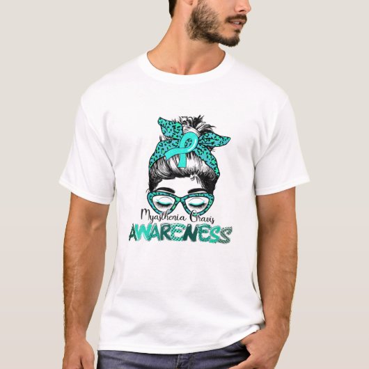 Messy Bun Hair Aquamarin Ribbon Myasthenia Gravis  T-Shirt (Vorderseite)