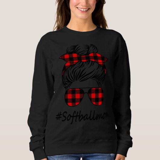 Messy Bun Kariert Sunglasses Softball Mama Mütter Sweatshirt (Vorderseite)