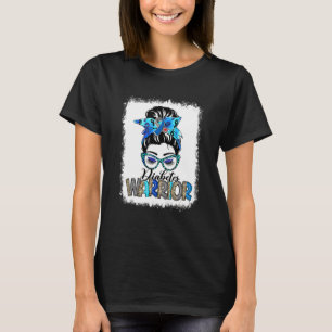 Messy Bun Leopard Blue Ribbon Diabetes Warrior T-Shirt