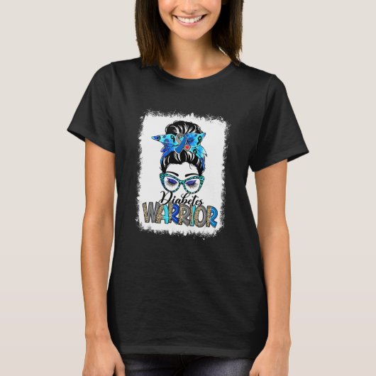 Messy Bun Leopard Blue Ribbon Diabetes Warrior T-Shirt (Vorderseite)