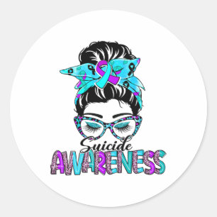 Messy Bun Leopard Lila und Aquamarin Ribbon Suicid Runder Aufkleber