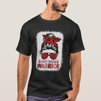Messy Bun Leopard Warrior Red Heart Disease Awaren T-Shirt