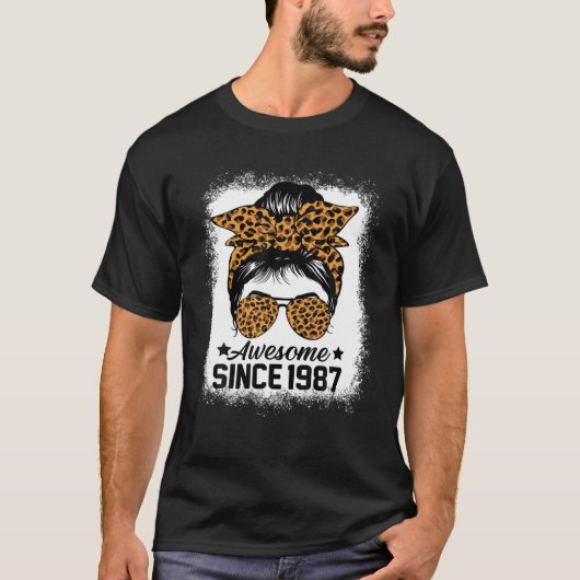 Messy Bun Leoprad Awesome Since 1987 35 Years Old T-Shirt (Vorderseite)