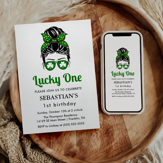 Messy Bun Lucky One 1. Geburtstagsmädchen Einladung