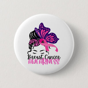 Messy Bun Pink Ribbon Breast Cancer Awareness Wome Button