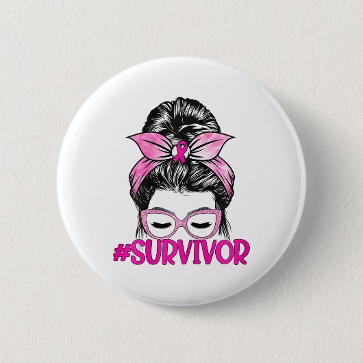 Messy Bun Pink Ribbon Brustkrebs Bewusstsein Button (Vorderseite)