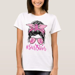 Messy Bun Pink Ribbon Leopard Brustkrebs Krieg T-Shirt