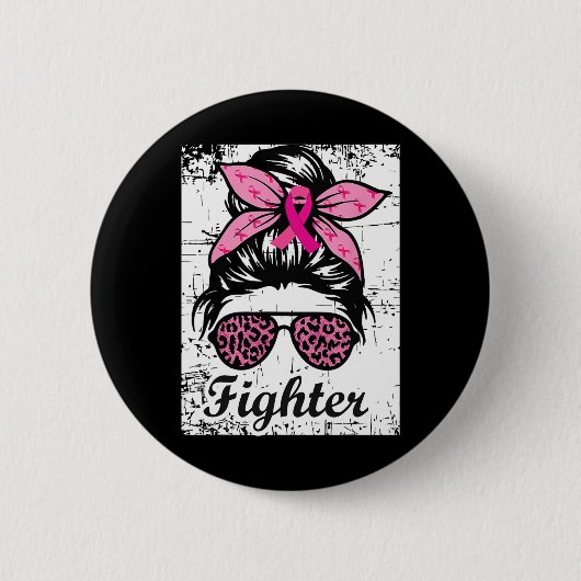 Messy Bun Pink Warrior Brustkrebs Bewusstsein Button (Vorderseite)