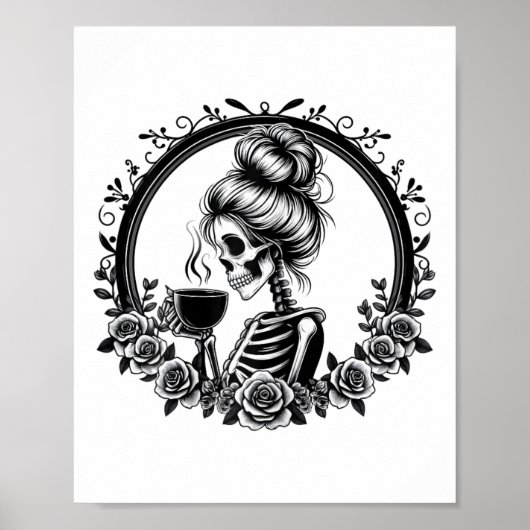 Messy Bun Skeleton Drinking Coffee Vintag Hallowe Poster (Vorne)