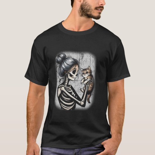 Messy Bun Skeleton Niedlich Kitten Cat Lovers Hall T-Shirt (Vorderseite)