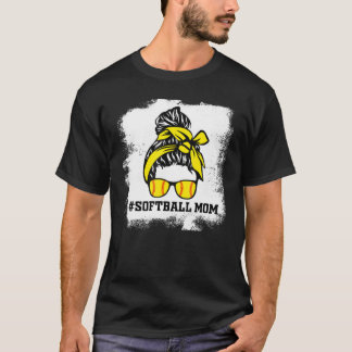 Messy Bun Softball Mama. Bleached Game Day Cheer M T-Shirt