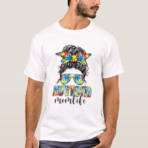 Messy Bun Sungasse Puzzle Momlife Autism Awarene T-Shirt
