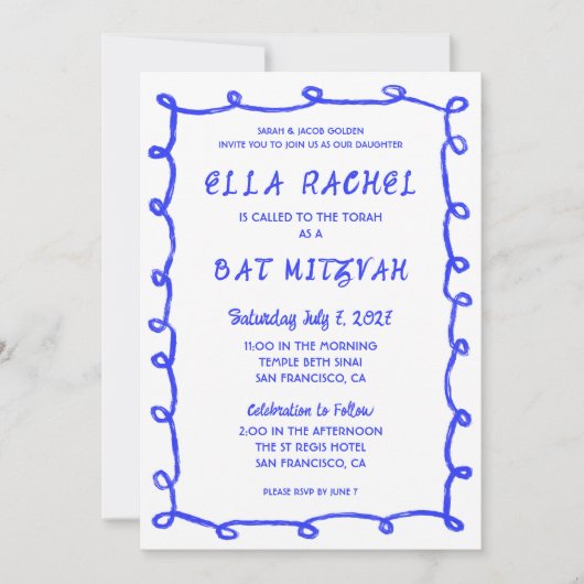 Messy Loops Hand gezeichnet Custom Bar Bat Mitzvah Einladung (Vorderseite)