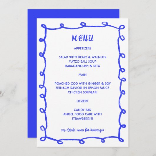 Messy Loops Hand gezeichnet Custom Bar Bat Mitzvah Menükarte (Vorne/Hinten)