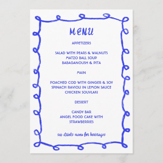 Messy Loops Hand gezeichnet Custom Bar Bat Mitzvah Menükarte (Vorderseite)