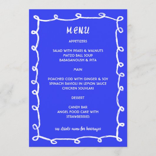 Messy Loops Hand gezeichnet Custom Bar Bat Mitzvah Menükarte (Vorderseite)