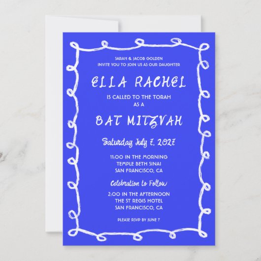 Messy Loops Hand gezeichnet QR Bar Bat Mitzvah Einladung (Vorderseite)