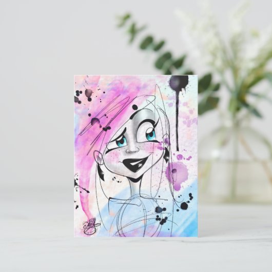 Messy Watercolor Sketch Girl Postkarte (Stehend Vorderseite)