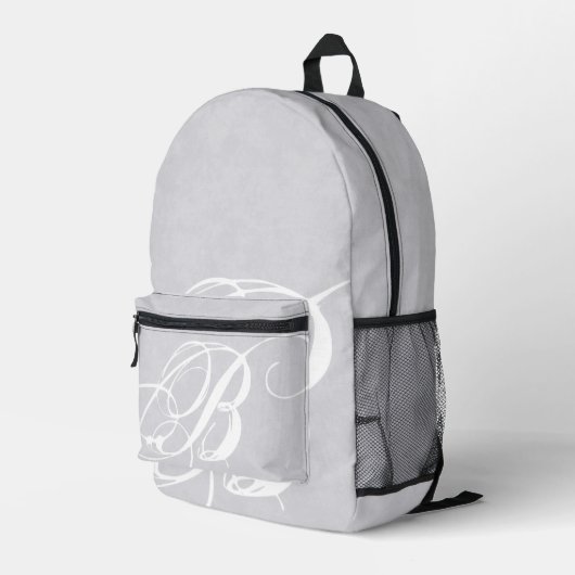 Messy White Monogram on Gray Grunge Bedruckter Rucksack (Rückseitige Ecke Rechts)