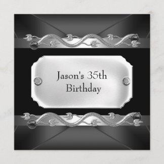 Metal Chrome Black Silver Mens 35. Geburtstag Einladung