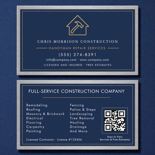 Metal-Handwerker Navy Blau Gold QR-Code Visitenkarte