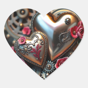 Metal Hearts und Pink Flowers Steampunk Herz-Aufkleber