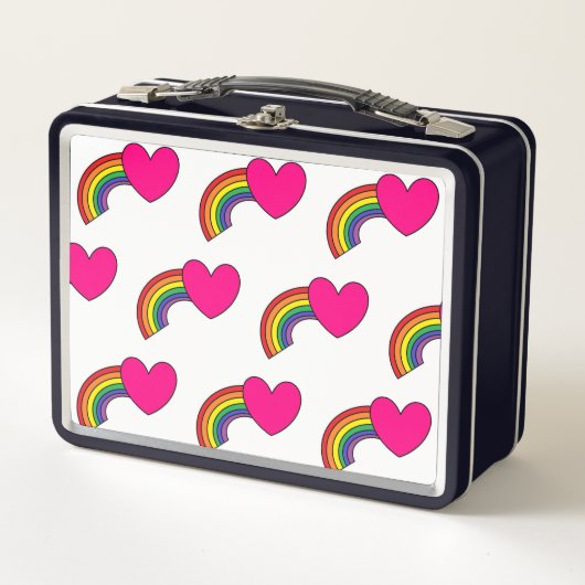 Metal Lunch Box mit Regenbogen und rosa Herzen (Vorderseite)