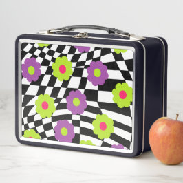 Metal-Lunchbox mit Retro-Schachbrettern und -Blume Metall Brotdose