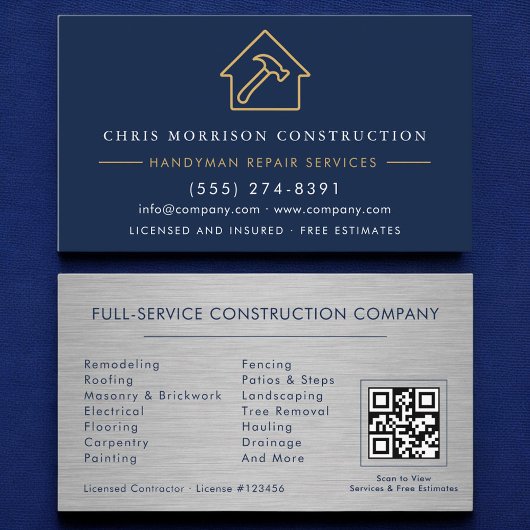 Metall-Handwerker-Bau-Navyblau-Gold-QR-Code Visitenkarte