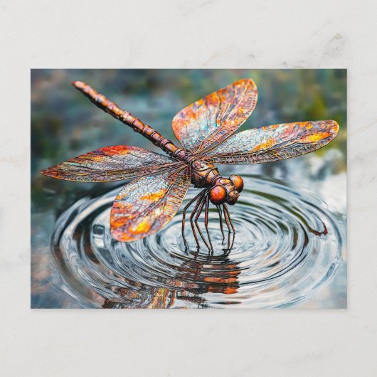 Metall-Libelle über Wasser Postkarte (Vorderseite)