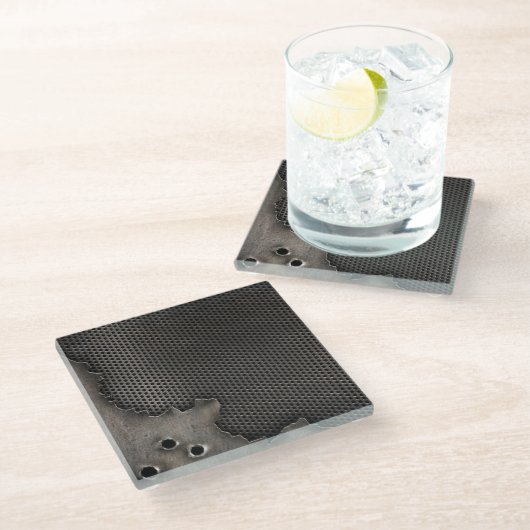 Metall mit Einschusslochhintergrund Glasuntersetzer (Schrägansicht)