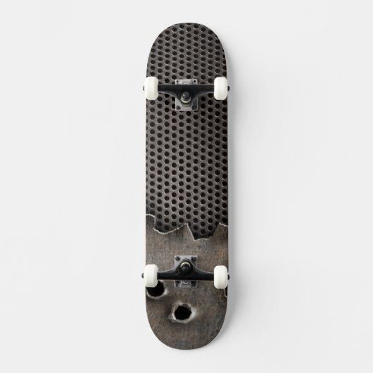 Metall mit Einschusslochhintergrund Skateboard (Vorderseite)