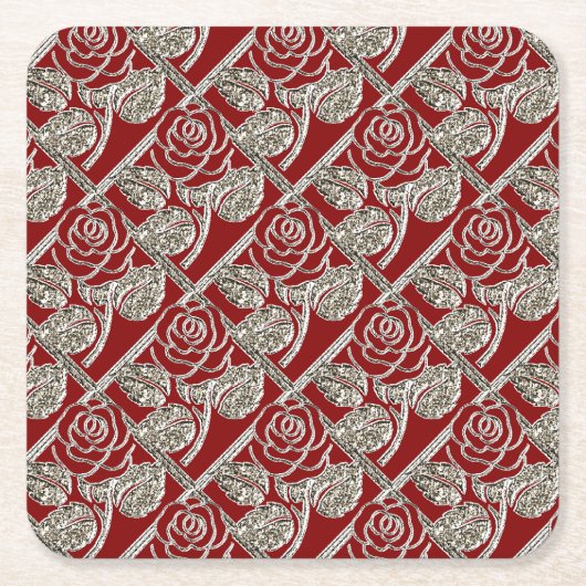 Metall-Rose-3-Rotes Silver-Untersetzer-Set Rechteckiger Pappuntersetzer (Vorderseite)