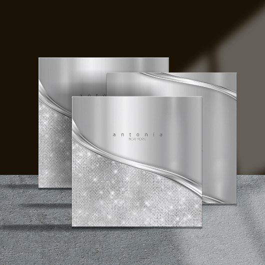 Metall und Glitzer Wave Silver Sq ID807 Quadratische Visitenkarte