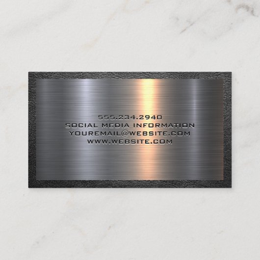 Metall und Leder | Zuhause-Hammer-Logo Visitenkarte (Rückseite)