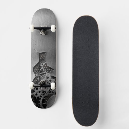 Metallhintergrund mit mechanischem Schaden Skateboard (Vorderseite)