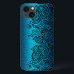 Metallic Aqua Blue mit Black Paisley Lace Case-Mate iPhone Hülle<br><div class="desc">Schwarz aqua blau metallische Design gebürstetes Aluminium mit schwarzem Blumenpaisley Spitze.</div>