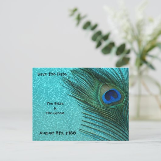 Metallic Aqua Peacock Save the Date Postcard Ankündigungspostkarte (Stehend Vorderseite)