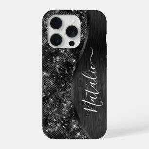 Metallic Black Glitter Personalized iPhone 15 Pro Hülle